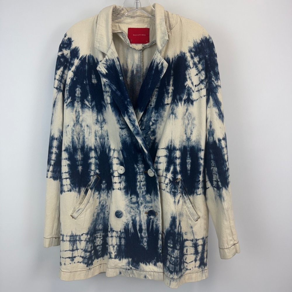 Signature8 Womens Tie Dye Denim Blazer Double Breasted Blue Cream S5738 Sz Small